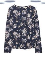 Ex Fat Face Womens Meadow Indigo Blue Floral Jersey Top Long Sleeve Scoop Neck - 14 Regular