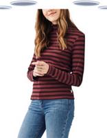 Ex Fat Face Womens Burgundy Long Sleeve Cotton Blend High Neck Stripe T-shirt - 8 Regular