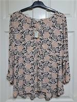 Fat Face Kinsey Top Floral Size UK 14 V-Neck Puffed Shoulder Ruched 3/4 Sleeve - 14 Regular