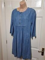 Fat Face Andi Dress Chambray UK 8 Knee Length Lightweight 3/4 Sleeve Ruched Blue - 8 Regular