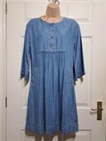 Fat Face Chambray Dress Size UK 8 Knee Length Lightweight 3/4 Sleeve Ruched Blue - 8 Regular