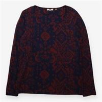 FatFace Long Sleeve Top Navy Rust Ikat Print Cotton Blend, ML / UK14 / EUR42 - 14 Regular