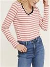 FAT FACE Striped Jersey Top Pure Cotton Coral Ivory Navy Trim Neck Scoop Neck - 8 Regular