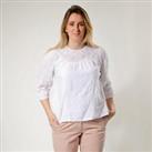 FAT FACE Womens White Blouse Broderie Anglais Lace Trim Round Neck 3/4 Sleeve - 14 Regular