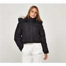 Womens Cropped Fur Hooded Puffer Jacket