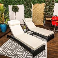Savona - Luxury Loungers #BLK - Pair of Black Rattan Sun Loungers with Cream Cushions and Side Table