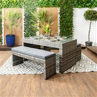 Naples - Glass Topped Luxury Grey Rattan Picnic Table with Two Benches & Anthracite Cushions