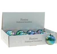 Christmas Tree Decorations - Petrol Effect Patterned Baubles - Pack of 12