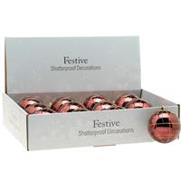 Christmas Tree Decorations - Burgundy Tartan - Glitter Baubles - Pack of 12