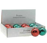 Christmas Tree Decorations - Red and Green Glitter Baubles - Pack of 12