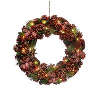 Christmas Wreath - Battery Operated Pre-Lit Tartan Ribbon - approx 45cm