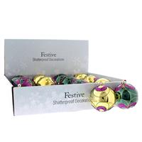Christmas Tree Decorations - Assorted Green and Gold Glitter Baubles - Pack of 12