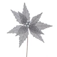 Christmas Floristry Decoration -Silver Velvet Glitter Poinsettia Stem