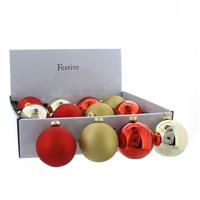 Christmas Tree Decoration - Assorted Red and Gold Glass Baubles - Pack of 12
