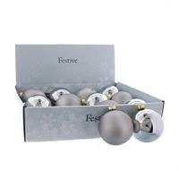 Christmas Tree Decoration - Silver Glass Baubles - Pack of 12