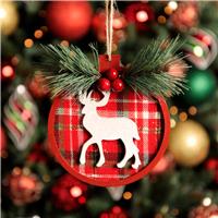Wooden Red Tartan Hanging Reindeer Disk - Christmas Tree Decoration