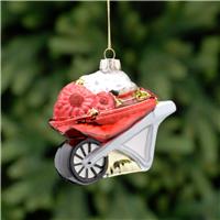 Red Glass Wheel Barrow with flowers - Christmas Tree Decoration
