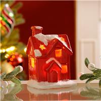 Light Up Red Porcelain Red House with Snow - Christmas Decoration