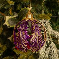 Hanging Purple and Gold Glitter Feather Ball - Christmas Tree Decoration