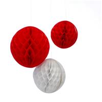 Pack of Three Red and White Paper Honeycomb Balls - Christmas Tree Decoration