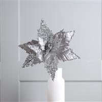 Christmas Decoration - Silver Velvet Poinsettia Stem - 45cm