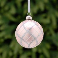 Christmas Tree Decoration - Matt Pink Glass Bauble with Silver Tartan Design