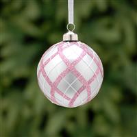Christmas Tree Decoration - Matt Grey Glass Bauble with Blush Pink Tartan