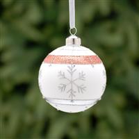 Christmas Tree Decoration - Matt White Bauble with Grey and Pink Band