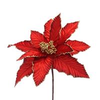 Christmas Decoration - Red with Gold Glitter Poinsettia Stem - 35cm
