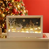 Christmas Decoration - Led Wooden White Reindeer Scene - Battery Operated