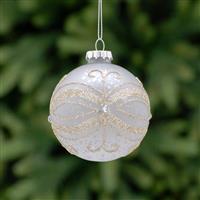 Christmas Tree Decoration - Silver Gold with Glitter Lines Glass Bauble