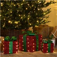 Set of 3 LED Red Parcels with Green Bow - Christmas Decoration - Battery Operated