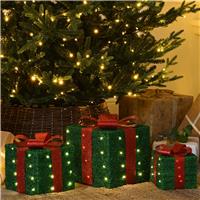 Set of 3 LED Green Parcels with Red Bow - Christmas Decoration - Battery Operated