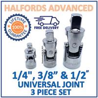 Halfords Advanced 1/4", 3/8" & 1/2" Square Drive Universal Joint 3PC Set - New