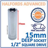 Halfords Advanced 15mm 1/2" Square Drive 6 Point Deep Socket -Lifetime Guarantee