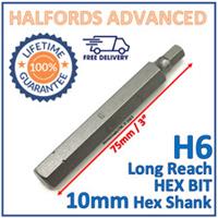 Halfords Advanced H6 6mm Hex Bit - 10mm Hex Shank - 75mm Length - New Free P&P