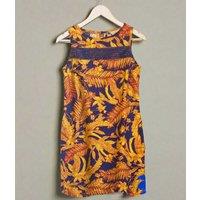 Blue & Yellow Leaf Print Linen Blend Dress 6 Size 6