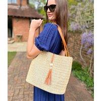 Tan Woven Raffia Tote Bag