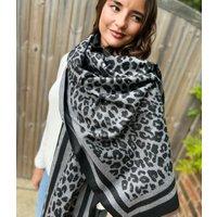 Grey Leopard Print Cashmere Blend Scarf