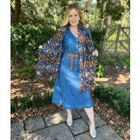 Blue Animal Print Tasselled Scarf