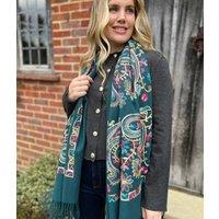 Green Embroidered Cashmere Blend Scarf