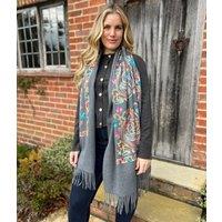 Grey Embroidered Cashmere Blend Scarf
