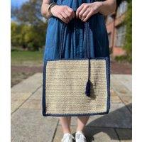 Navy Trim Raffia Tote Bag