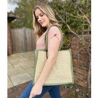 Green Trim Raffia Tote Bag