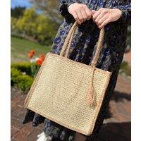 Beige Trim Raffia Tote Bag