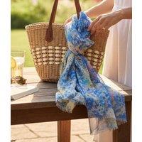 Blue Watercolour Print Cotton Blend Scarf