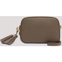 Dark Taupe Premium Leather Tassel Crossbody Bag Adjustable Strap & Zip Fastening