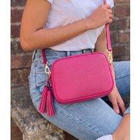 Pink Premium Leather Tassel Crossbody Bag Adjustable Strap & Zip Fastening