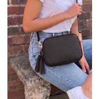Black Premium Leather Tassel Crossbody Bag Adjustable Strap & Zip Fastening