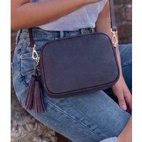 Navy Premium Leather Tassel Crossbody Bag Adjustable Strap & Zip Fastening
